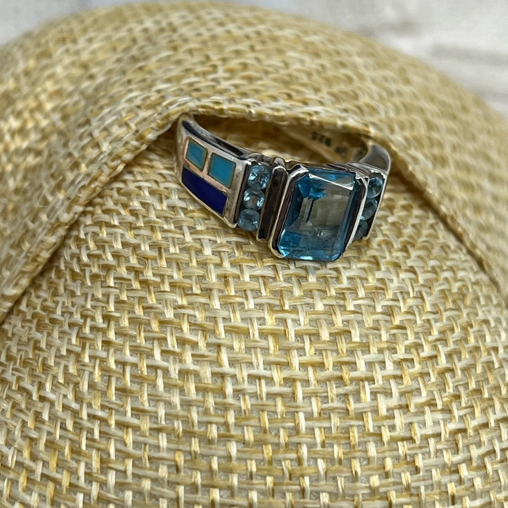 Vintage 925 Sterling Silver Turquoise Lapis Inlay Ring Size 5 - Picture 15 of 16